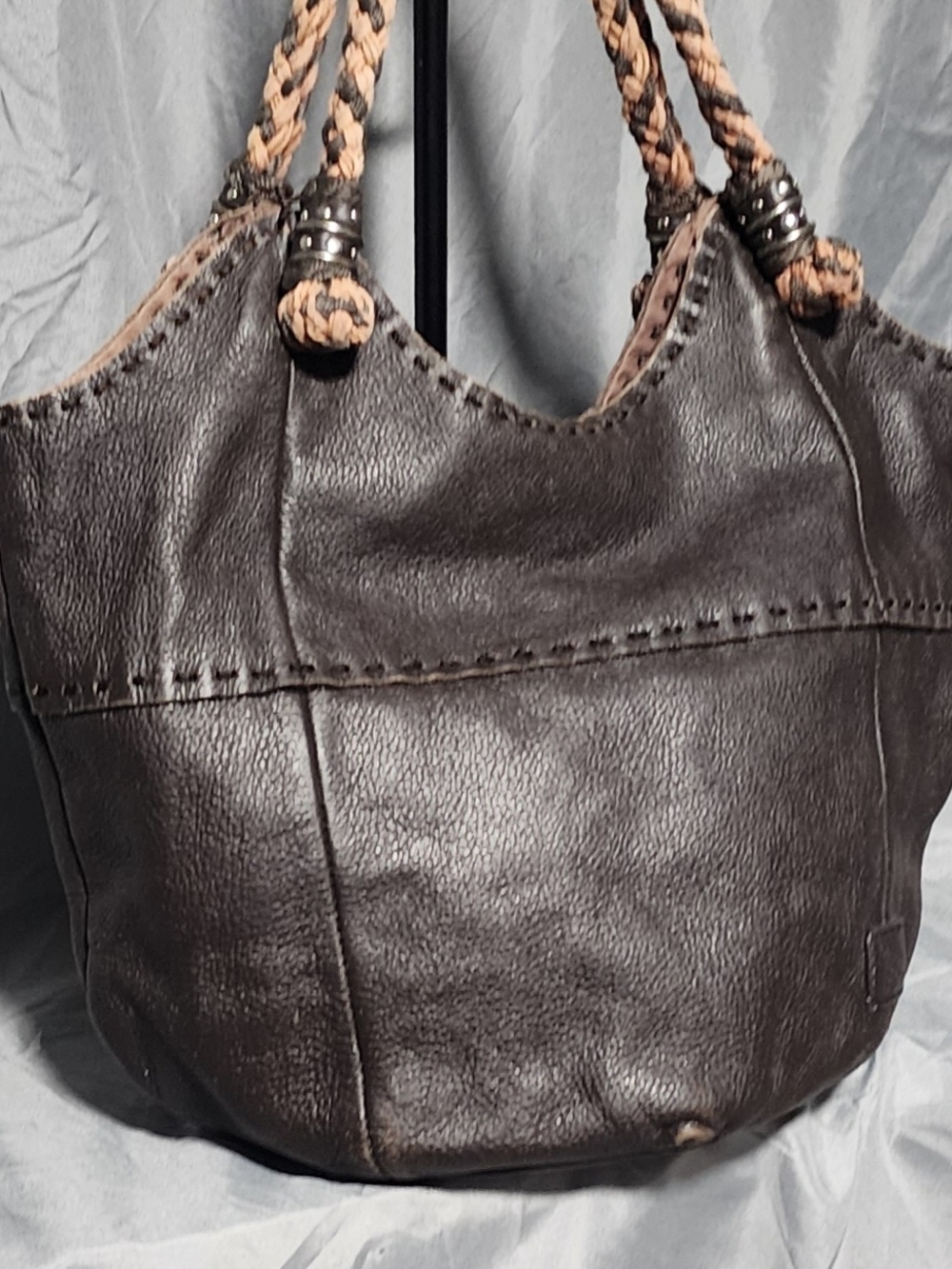 The Sak Dark Brown Leather Shoulder Bag with Tan Braided Handles